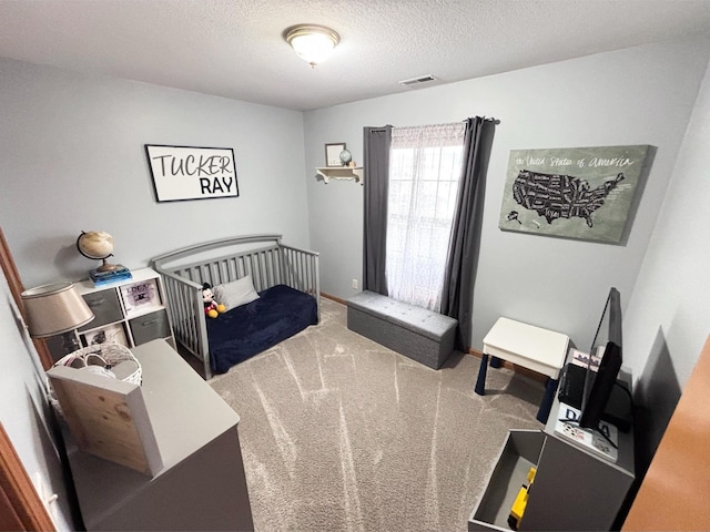 bedroom with carpet floors and a textured ceiling