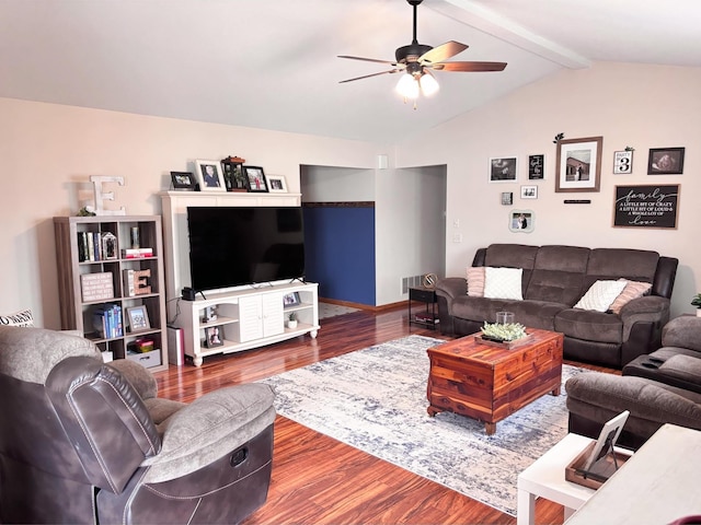 living room with lofted ceiling with beams, wood-type flooring, and ceiling fan