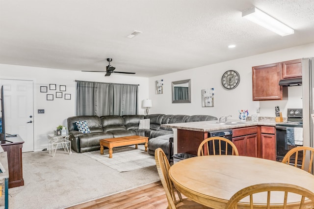 interior space with sink, a textured ceiling, light hardwood / wood-style floors, and ceiling fan