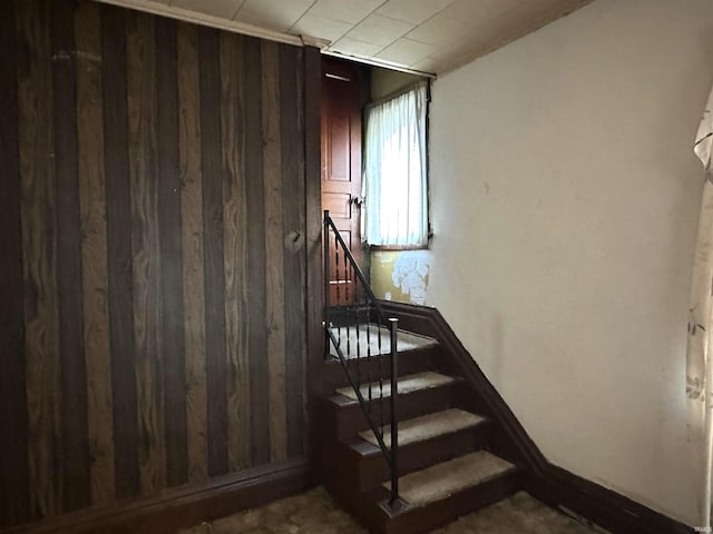 stairway featuring wood walls