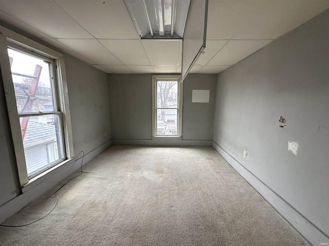 empty room featuring light carpet and a paneled ceiling