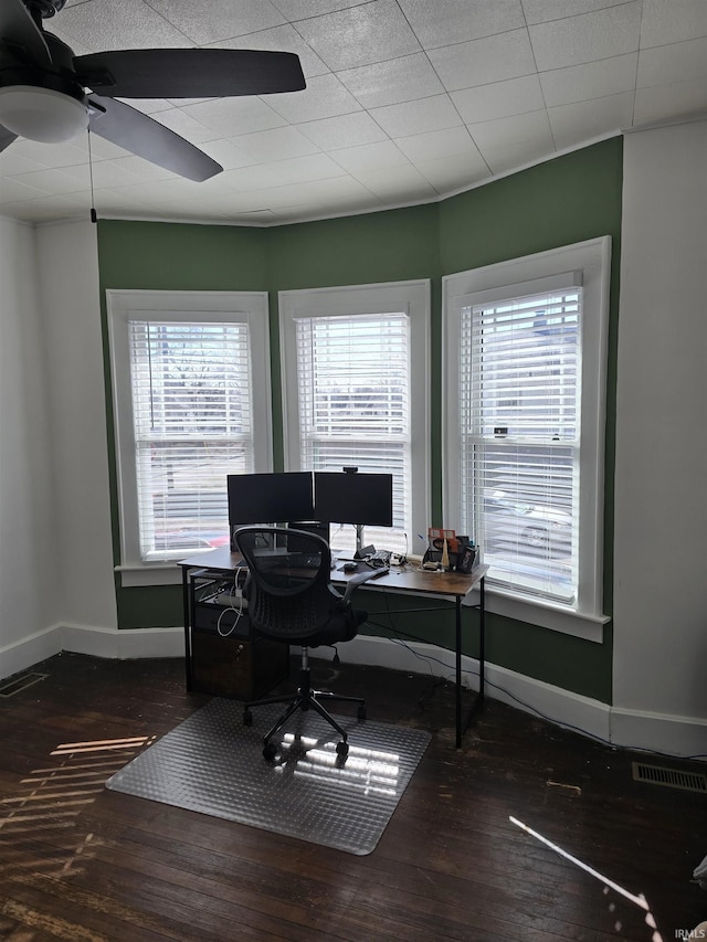 office area with dark hardwood / wood-style floors and ceiling fan