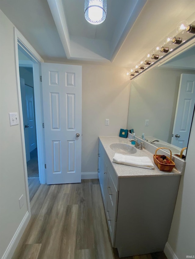 bathroom with vanity, hardwood / wood-style floors, and a tray ceiling