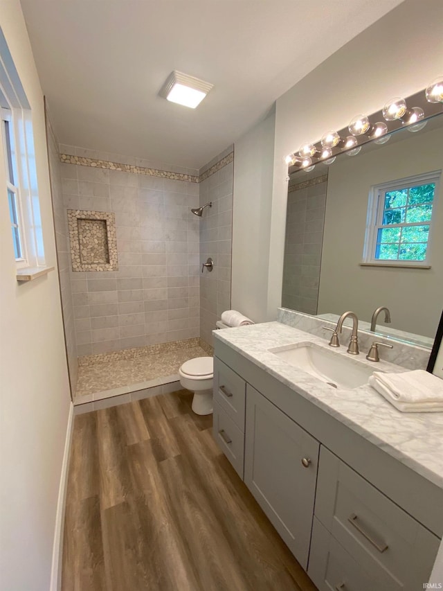 bathroom with vanity, wood-type flooring, toilet, and tiled shower