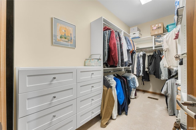 spacious closet featuring light colored carpet