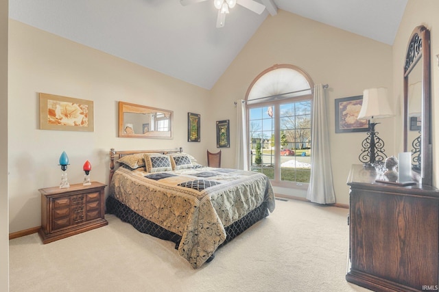 carpeted bedroom with access to exterior, beamed ceiling, high vaulted ceiling, and ceiling fan