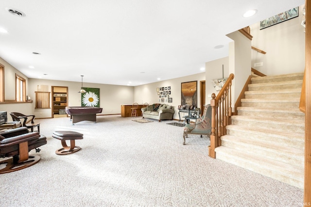 living room featuring light carpet and pool table