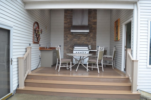 wooden deck with a grill and sink