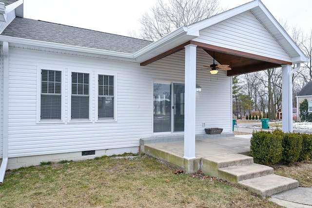 exterior space featuring a lawn, a patio, and ceiling fan