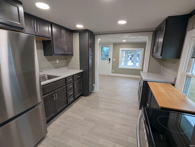 kitchen featuring sink, light hardwood / wood-style flooring, butcher block counters, dark brown cabinets, and stainless steel appliances