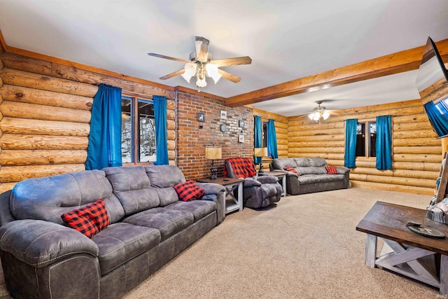 living room with beam ceiling, log walls, ceiling fan, and carpet flooring