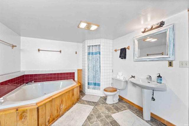 full bathroom with separate shower and tub, sink, and toilet