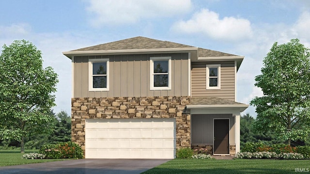 view of front of house featuring board and batten siding, a front yard, a garage, stone siding, and driveway