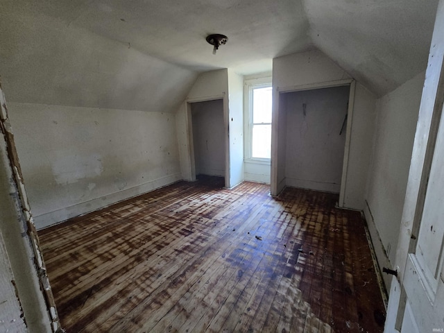 additional living space featuring dark wood-type flooring and lofted ceiling