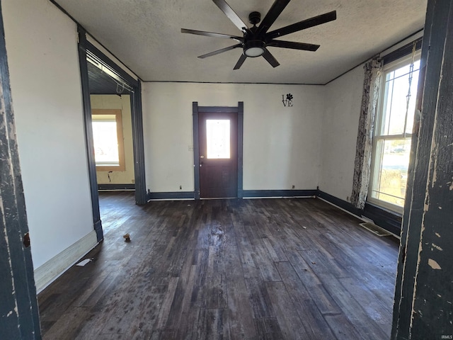 foyer with dark hardwood / wood-style floors, a wealth of natural light, and a textured ceiling