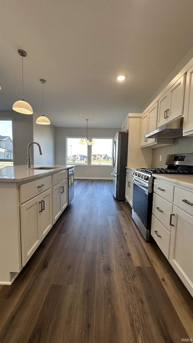 kitchen with under cabinet range hood, a sink, white cabinetry, stainless steel appliances, and dark wood-style flooring