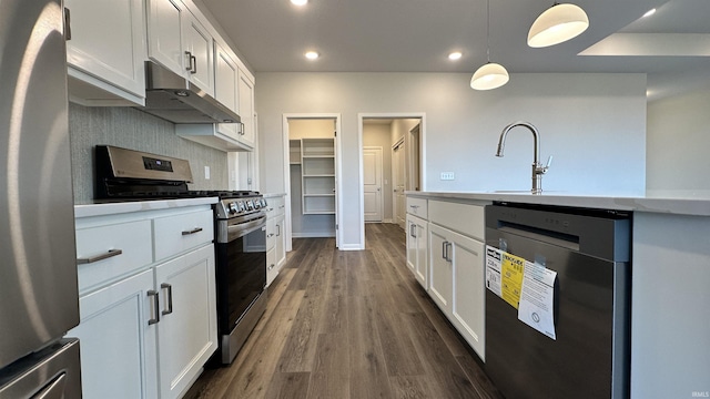 kitchen featuring dark wood-type flooring, under cabinet range hood, tasteful backsplash, appliances with stainless steel finishes, and white cabinets