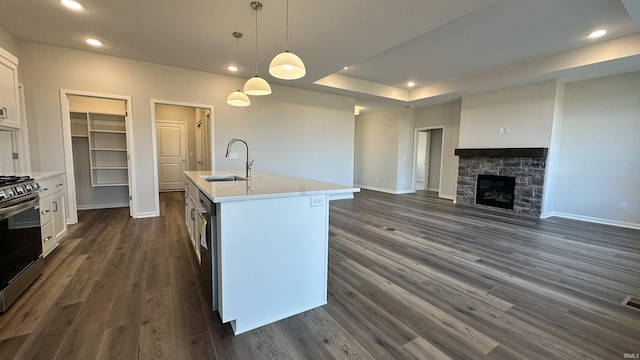 kitchen with dark wood-style floors, recessed lighting, stainless steel appliances, and a sink