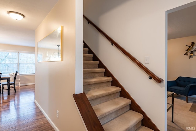 stairs featuring hardwood / wood-style flooring