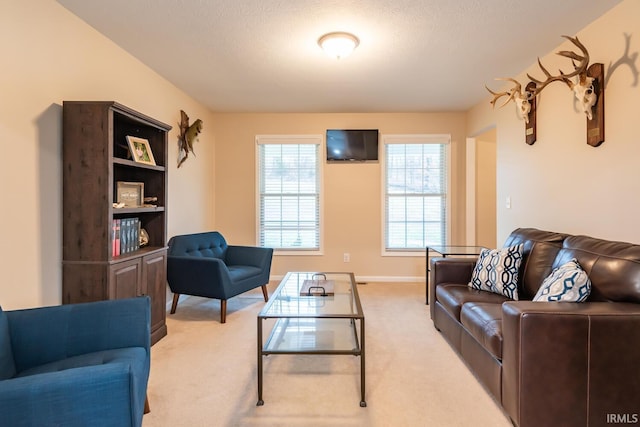 living room featuring light colored carpet and a textured ceiling