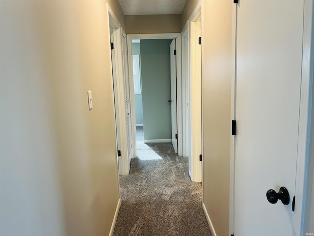 hallway with dark colored carpet