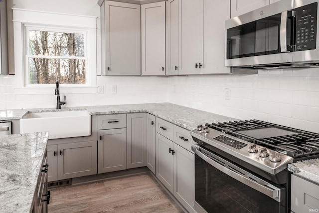 kitchen with a sink, light wood-style floors, appliances with stainless steel finishes, gray cabinets, and backsplash