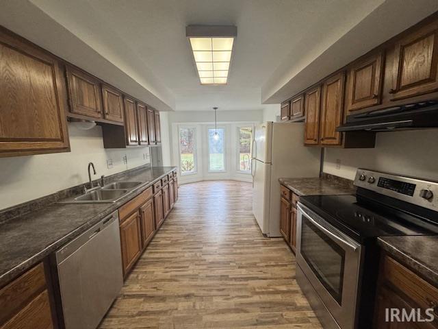 kitchen with sink, decorative light fixtures, light hardwood / wood-style floors, and appliances with stainless steel finishes