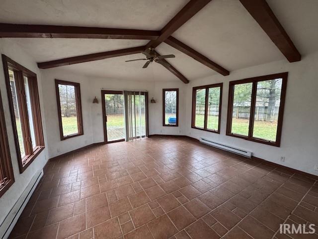 interior space featuring ceiling fan, vaulted ceiling with beams, and baseboard heating