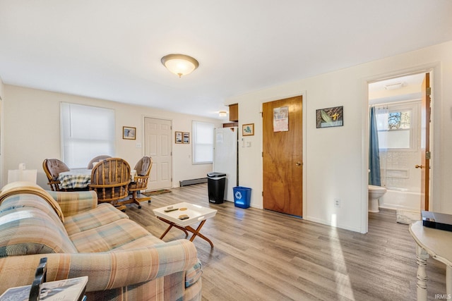 living room with a baseboard radiator and wood-type flooring