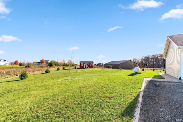 view of yard featuring a storage unit