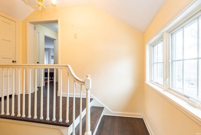 stairs with a notable chandelier, vaulted ceiling, and wood-type flooring