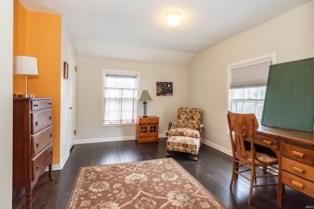 office area featuring dark hardwood / wood-style floors and vaulted ceiling