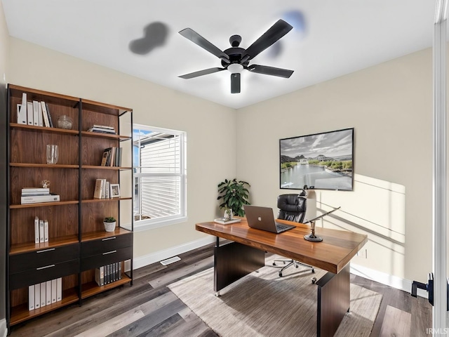 home office featuring ceiling fan and dark hardwood / wood-style flooring