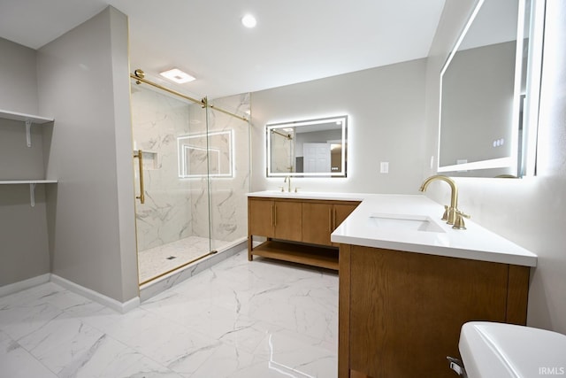 bathroom featuring vanity and an enclosed shower