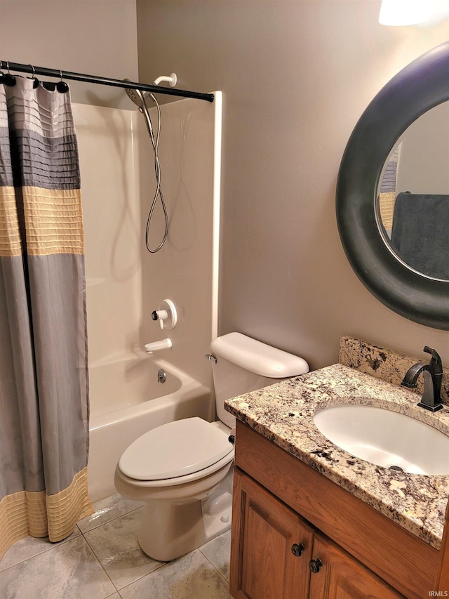 full bathroom featuring vanity, shower / bathtub combination with curtain, and toilet