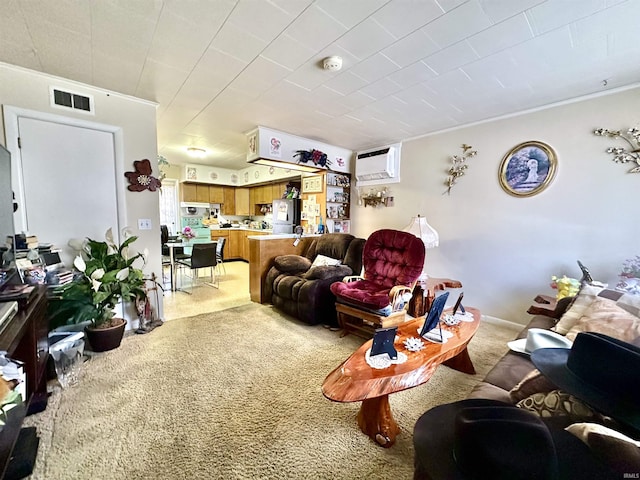 living room with a wall mounted air conditioner and light carpet