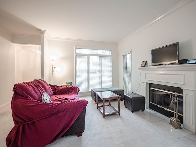 living room with crown molding and light carpet