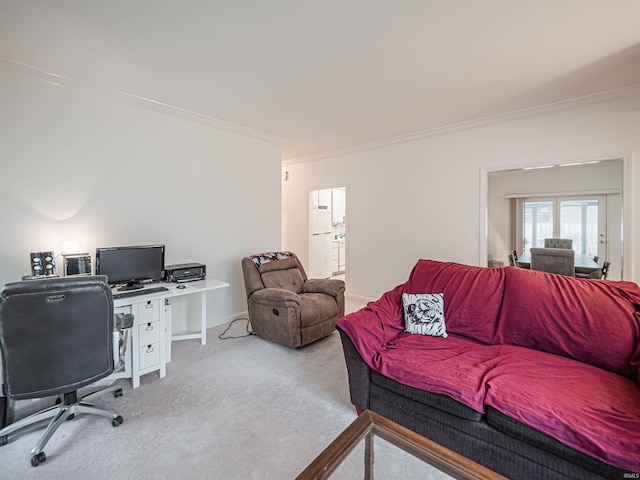 carpeted home office with ornamental molding