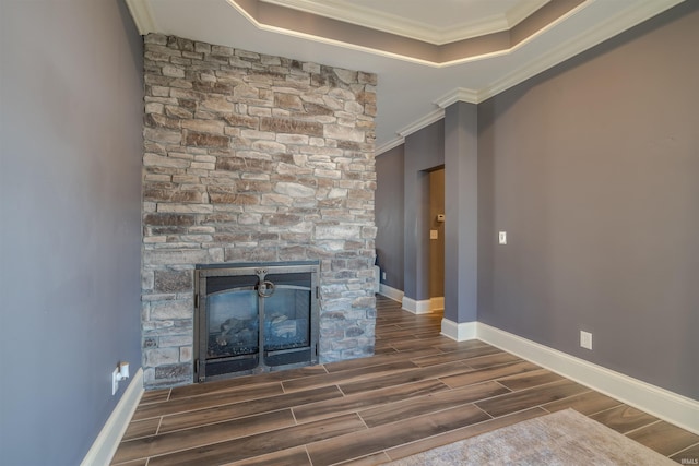 581 Silverdale Rd, Rockport, IN 47635 - unfurnished living room featuring a raised ceiling, crown molding, and a fireplace