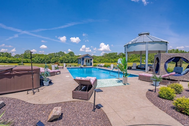 581 Silverdale Rd, Rockport, IN 47635 - view of swimming pool with a gazebo, a hot tub, outdoor lounge area, an outdoor structure, and a patio