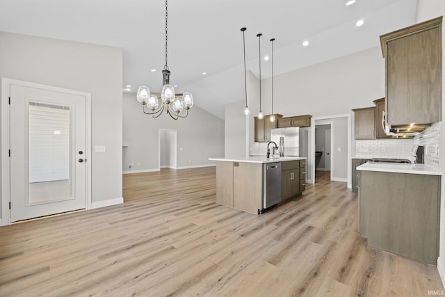 kitchen with decorative light fixtures, decorative backsplash, stainless steel dishwasher, light hardwood / wood-style floors, and a center island with sink