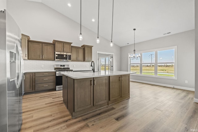 kitchen featuring sink, decorative light fixtures, a center island with sink, light wood-type flooring, and appliances with stainless steel finishes