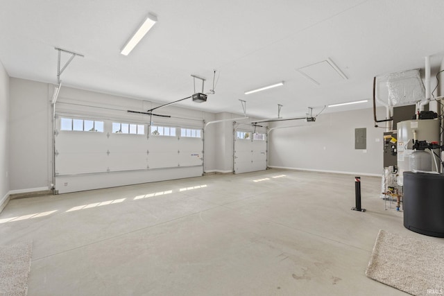 garage with a garage door opener, gas water heater, and electric panel