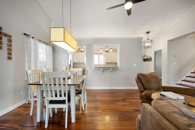 dining room featuring dark hardwood / wood-style flooring, ceiling fan with notable chandelier, and plenty of natural light