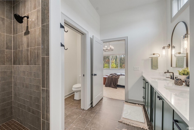 bathroom with vanity, a tile shower, and toilet