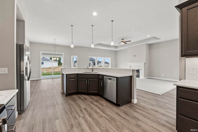 kitchen featuring appliances with stainless steel finishes, a tray ceiling, sink, and dark brown cabinets