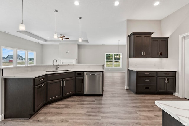 kitchen featuring sink, dishwasher, dark brown cabinets, a tray ceiling, and decorative backsplash