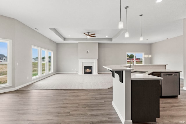 kitchen with dishwasher, an island with sink, sink, hanging light fixtures, and a tray ceiling