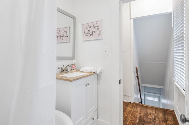 bathroom featuring hardwood / wood-style flooring and vanity