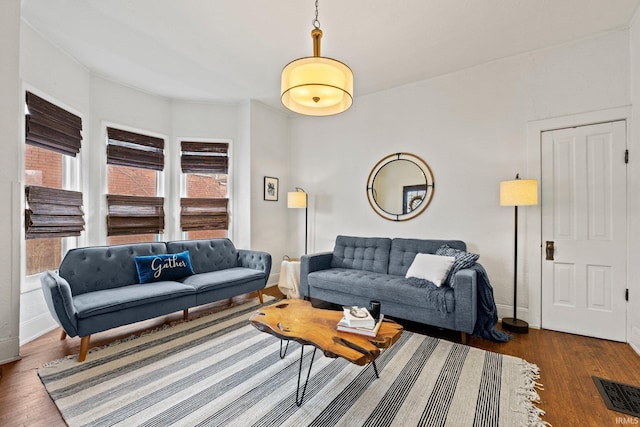 living room featuring dark wood-type flooring